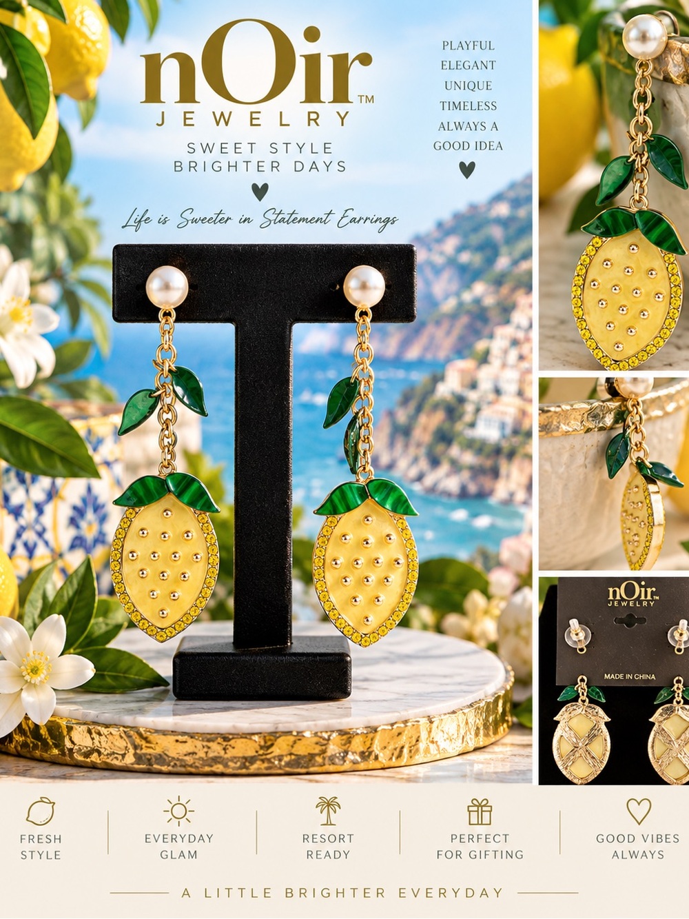 Noir Jewelry Lemon Pearl Rhinestone Enamel Statement Drop Earrings